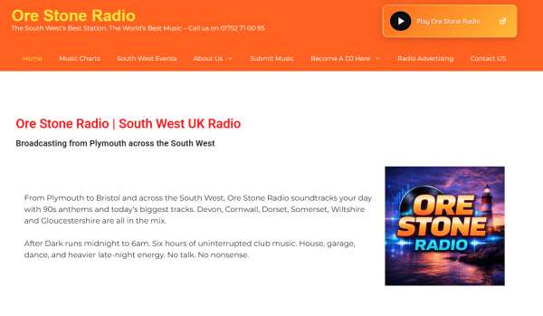 Ore Stone Radio homepage website design example built in Plymouth